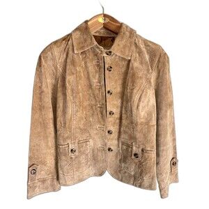 I.e. Relaxed 100% Leather Mens Jacket Button Front Pockets Long Sleeve